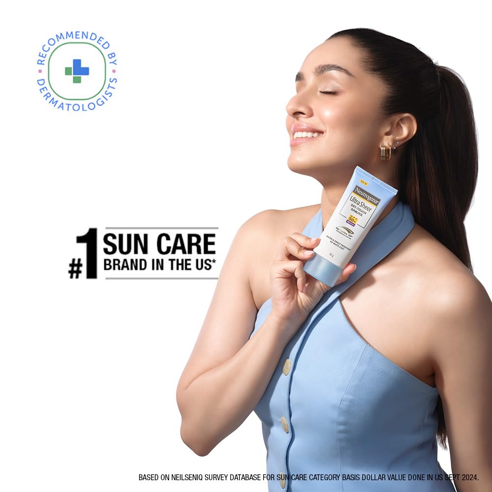 Neutrogena Ultra Sheer Sunscreen SPF 50+ | Broad Spectrum UVA/UVB | Blue light protect | No White Cast | Water resistant, Ultra light & Non sticky | Oily, Dry & Sensitive Skin | 80 g (Pack of 1)