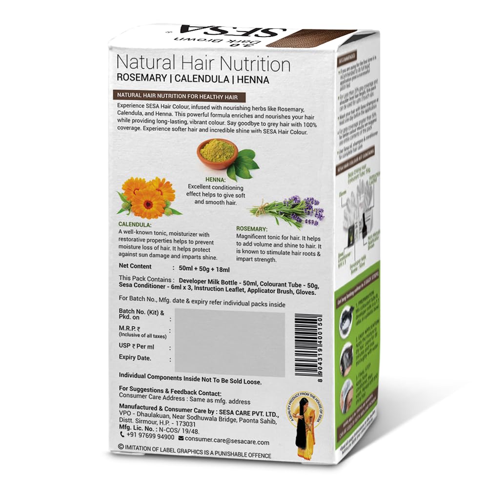SESA Dark Brown Hair Colour For Women and Men Long Lasting Natural Shiny Smooth Hair with Rosemary, Calendula and Heena, 100% Grey Coverage - Dark Brown
