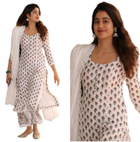 Jaipuri Fashionista Women's  White Colour Rayon Printed Straight Kurti with Palazzo Pant and Dupatta Set