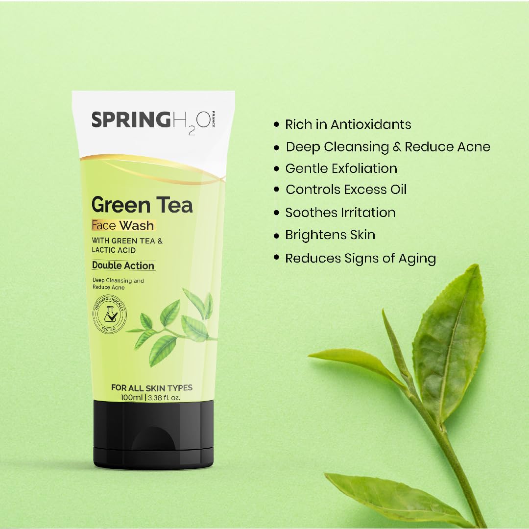 SPRING H2O Green Tea Face Wash | Deep Cleansing & Acne Control with Hydrating Formula | Refreshing Gel Cleanser for All Skin Types 100ml | Pack of 2