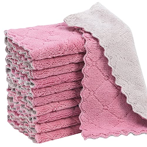 Rachan 11Pack Kitchen Dish Cloths, Reusable Dish Towels, Nonstick Oil Washable Fast Drying, Super Absorbent Coral Velvet Cleaning Cloths for Cleaning Tableware, Kitchen, Bathroom (Pink - green10 x 6")