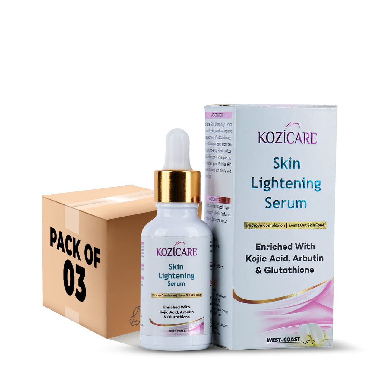 Kozicare Skin Lightening Serum Enriched With Kojic Acid, Arbutin and Glutathione | Maximum Strength Brightening for Face, Neck & Body – Dark Spots, Hyperpigmentation - 30ml (Pack of 3)