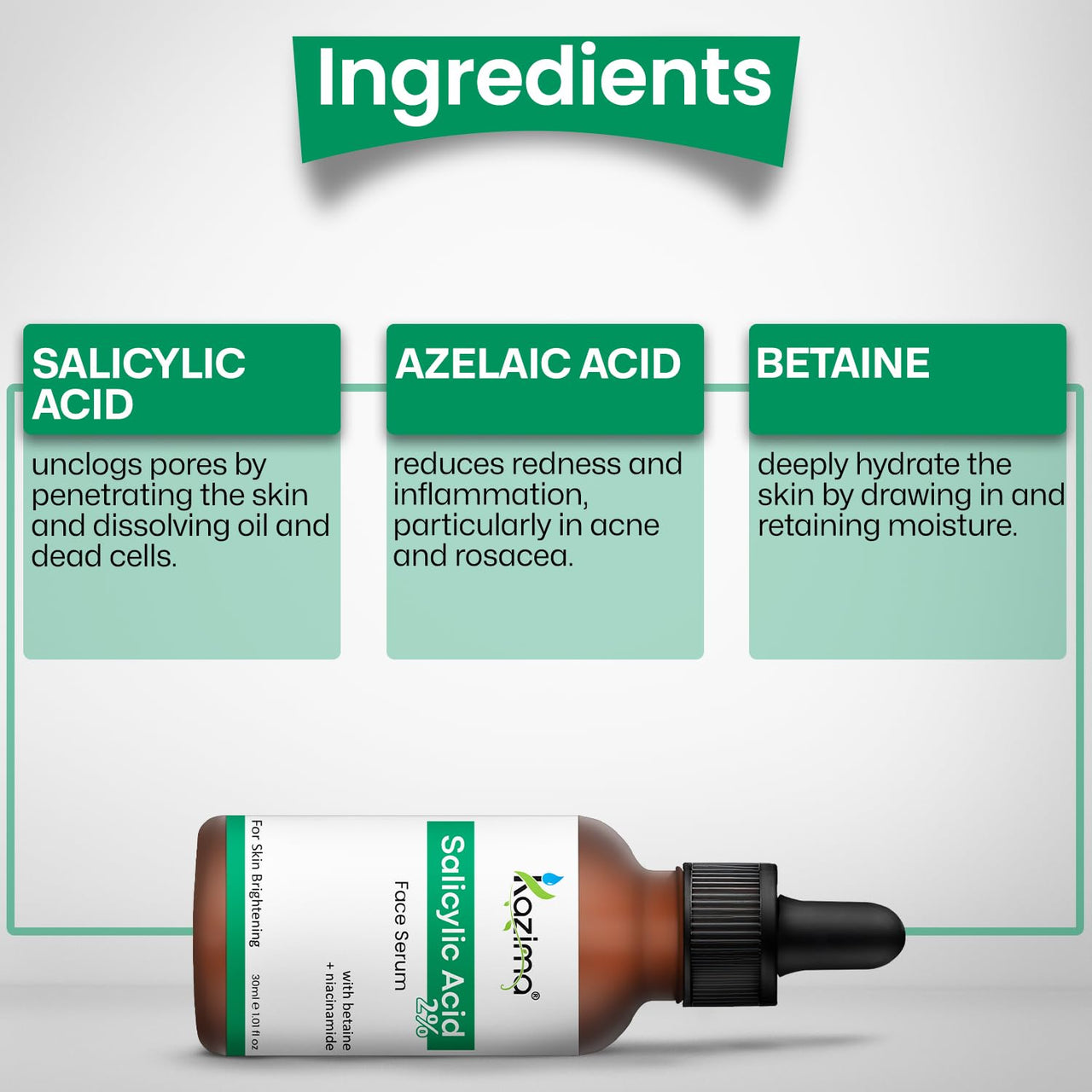 KAZIMA 2% Salicylic Acid Face Serum for Acne, Blackheads & Open Pores | Reduces Excess Oil & Exfoliates Skin | Salicylic Acid Serum for Acne-prone & Oily Skin | For Women & Men | 30 ml