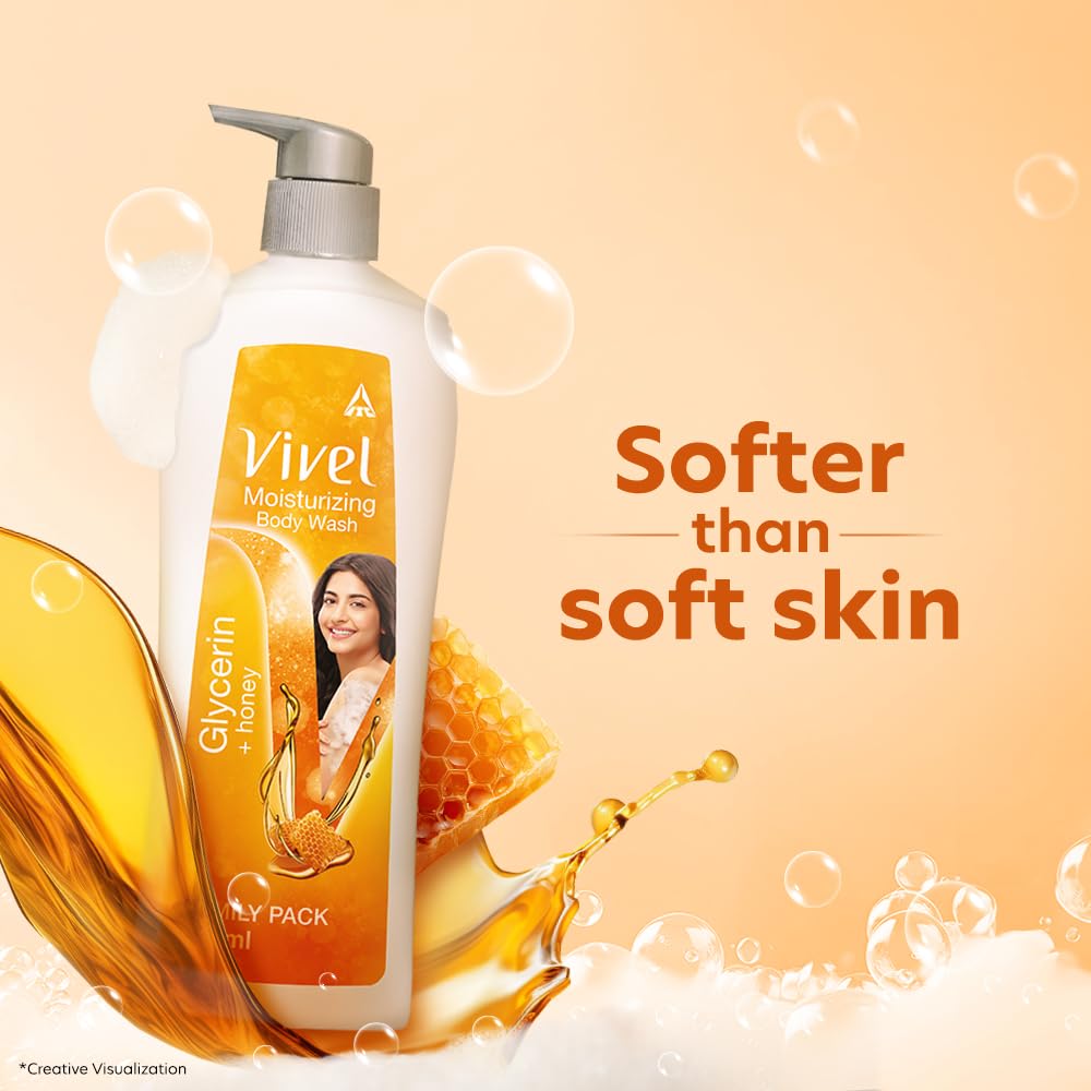 Vivel Moisturizing Body Wash, Glycerin & Honey Shower Gel, 500 ml Pump Bottle, For Soft, Glowing Skin, Mild and Pure Bodywash, For Women and Men