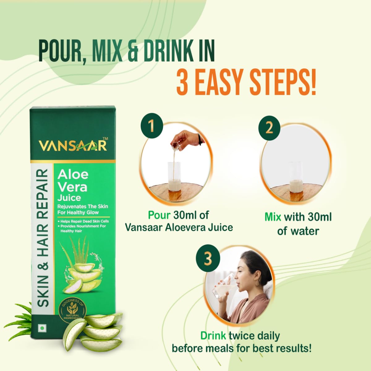 Vansaar Aloe Vera Juice - 1L | For Glowing Skin & Healthy Hair | 100% Natural, Cold Pressed with Pulp