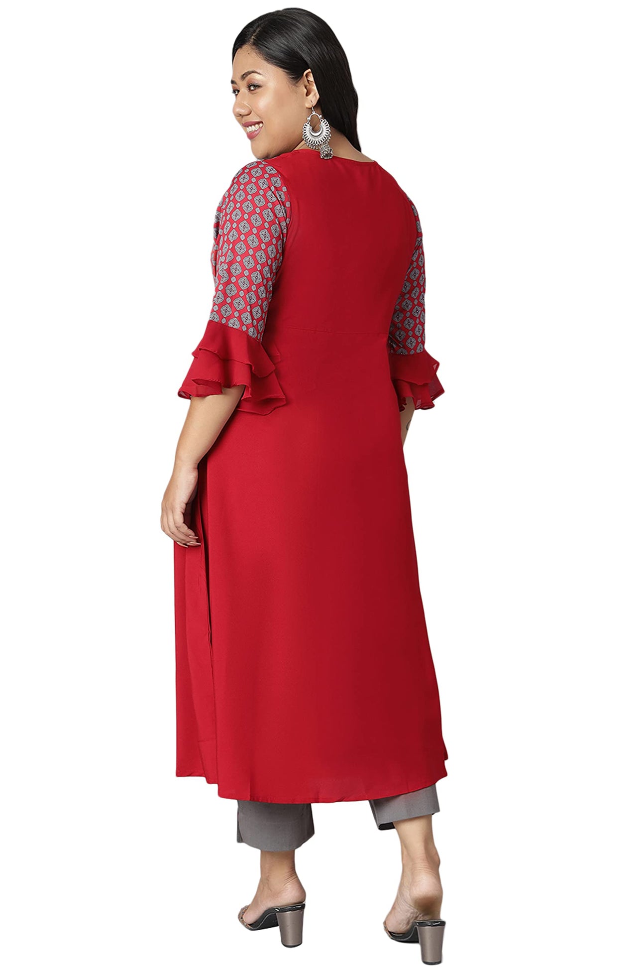 XL LOVE - By Janasya Women's  Plus Size Maroon Ethnic Motifs Poly Crepe Kurta