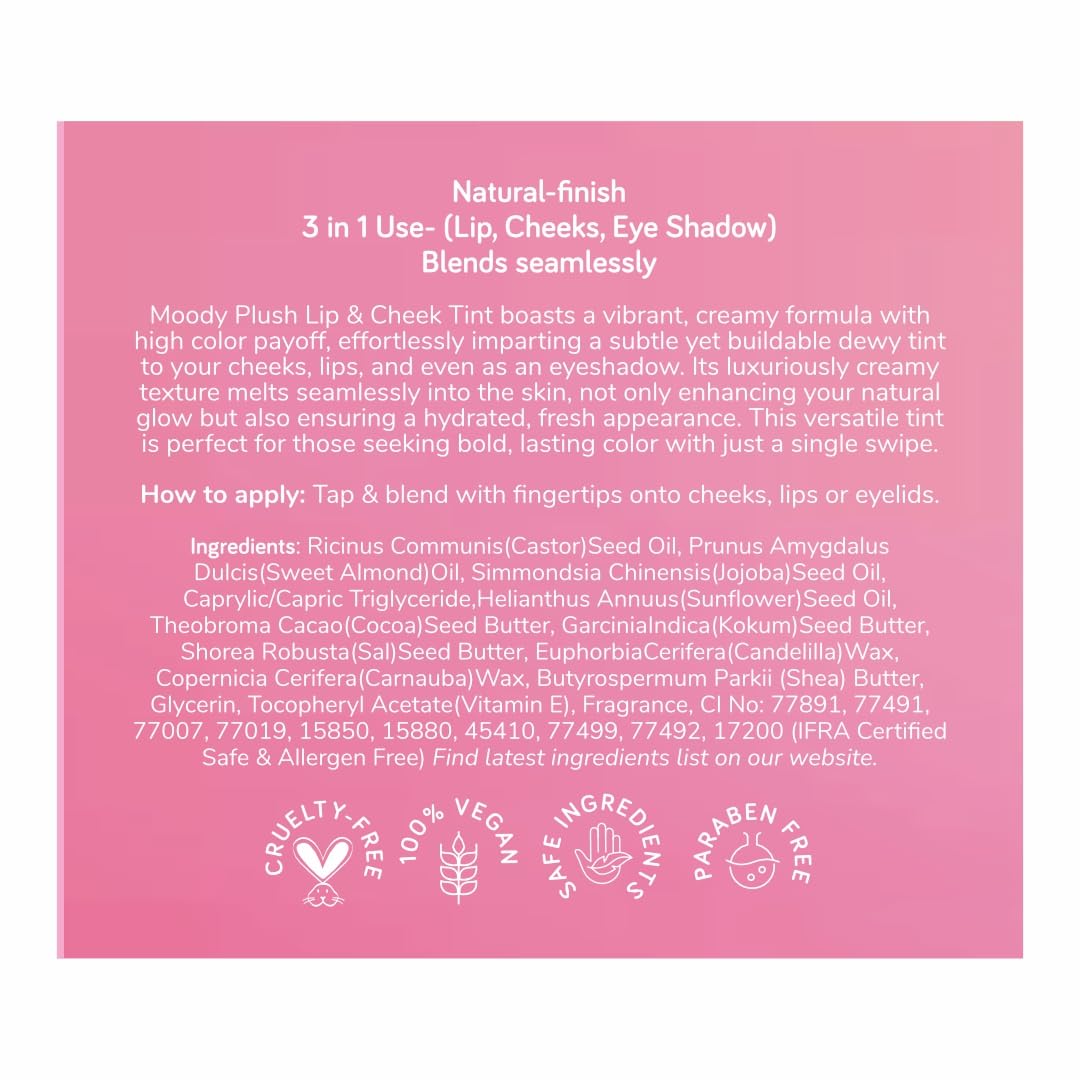 Moody Plush 3-in-1 Lip, Cheek & Eye Cream - Cherry Cheer with Cacao Butter, Shea Butter & Jojoba Oil | Long Lasting | Paraben Free Lip Balm Moisturizer For All Skin Type, 5gm
