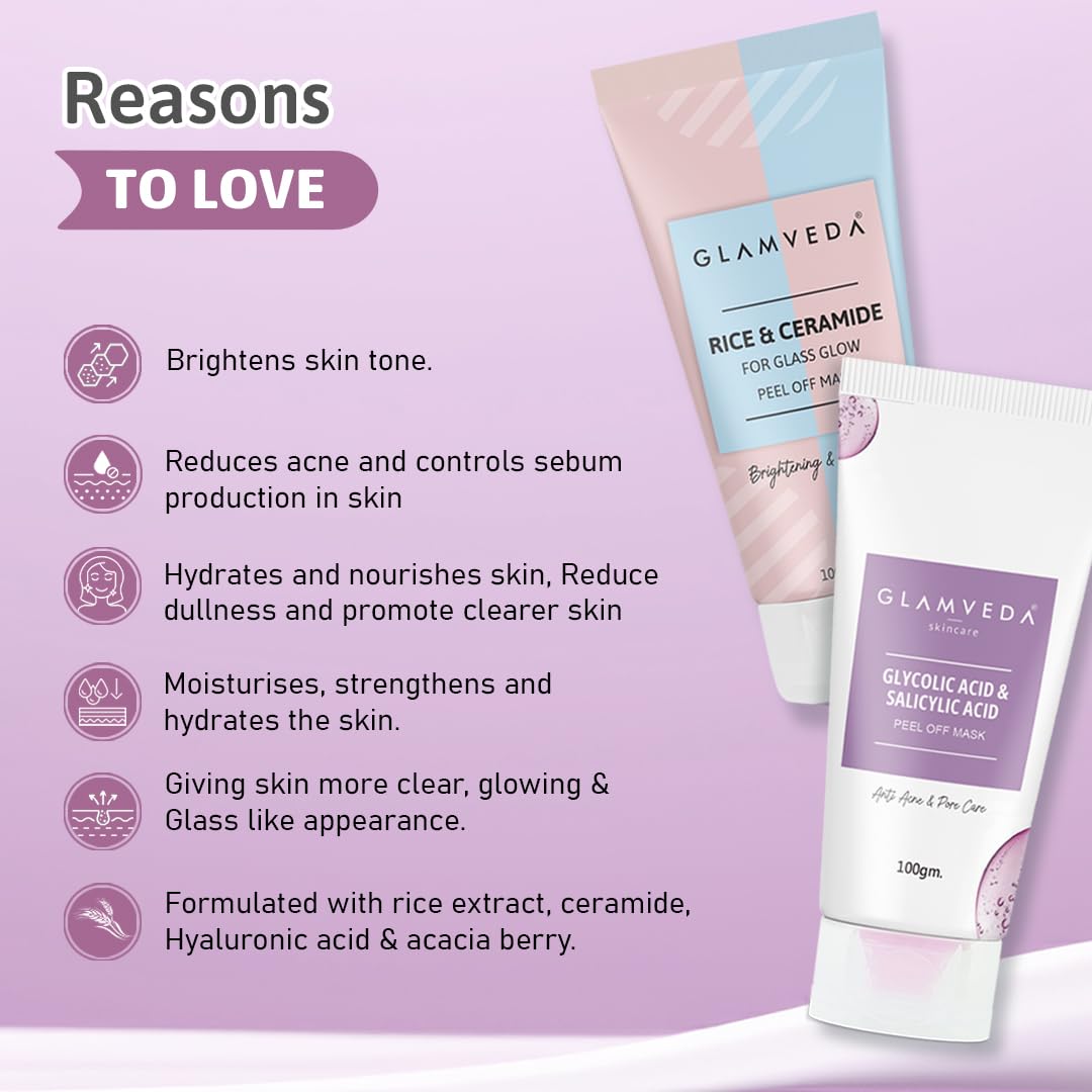 GLAMVEDA Rice & Ceramide And Glycolic & Salicylic Anti Acne Peel Off Face Mask (200 ml) | For Oily & Acne Prone Skin | Oil balancing, Deep Cleansing | Blackhead & Pore care