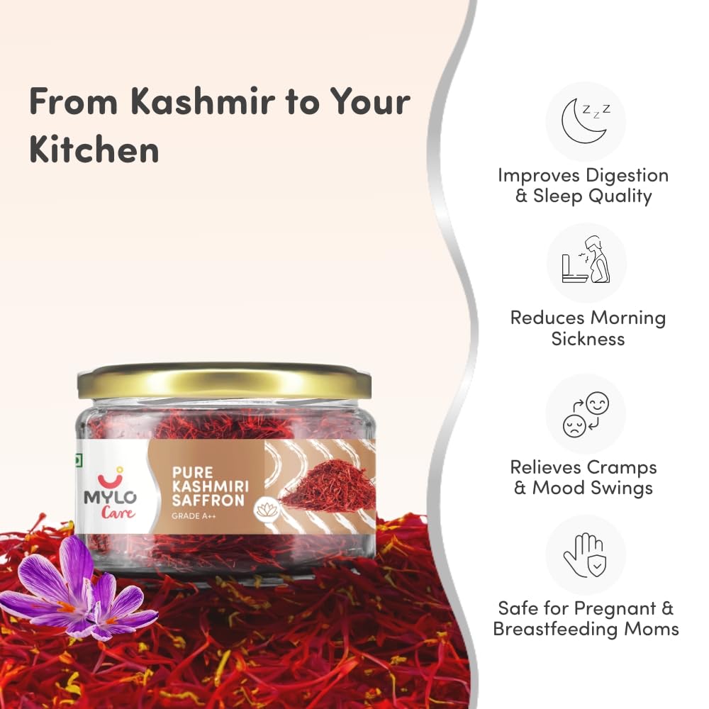 Mylo Pure Saffron for Pregnant Women (Kesar) - 1g | Improves Digestion | Reduces Pain & Cramps | Improves Sleep | Clinically Tested