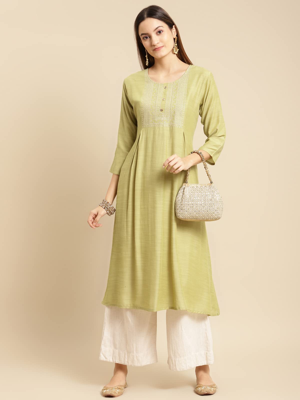 rangita Women Mint Green Yoke Zari Embroidered Calf Length A-Line Kurti