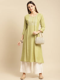 rangita Women Mint Green Yoke Zari Embroidered Calf Length A-Line Kurti