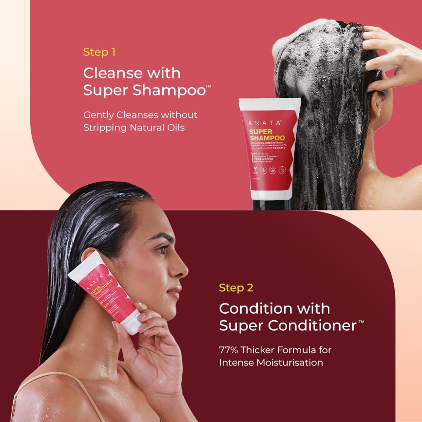 Arata Essential Care Super Duo Travel Pack | Super Shampoo & Conditioner | Reduces Hair Fall, Adds Shine, Volumizes | With Keratin, Biotin & Argan Oil | Paraben & Sulphate Free | 200ML