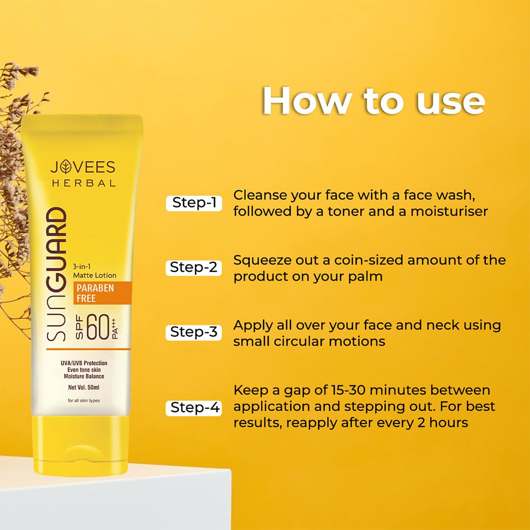 Jovees Herbal Sun Guard Lotion SPF 60 Pa+++ Broad Spectrum For All Skin | 3 in 1 Matte Lotion UVA/UVB Protection, Moisture Balance, Even Tone Skin For Women/Men 50ml (Pack of 2)