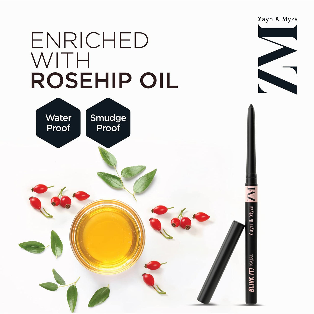 ZM Zayn & Myza Blink It Kajal - 24 hour long lasting, Smudge proof, Waterproof With Rosehip Oil, Jet Black, 0.35 g