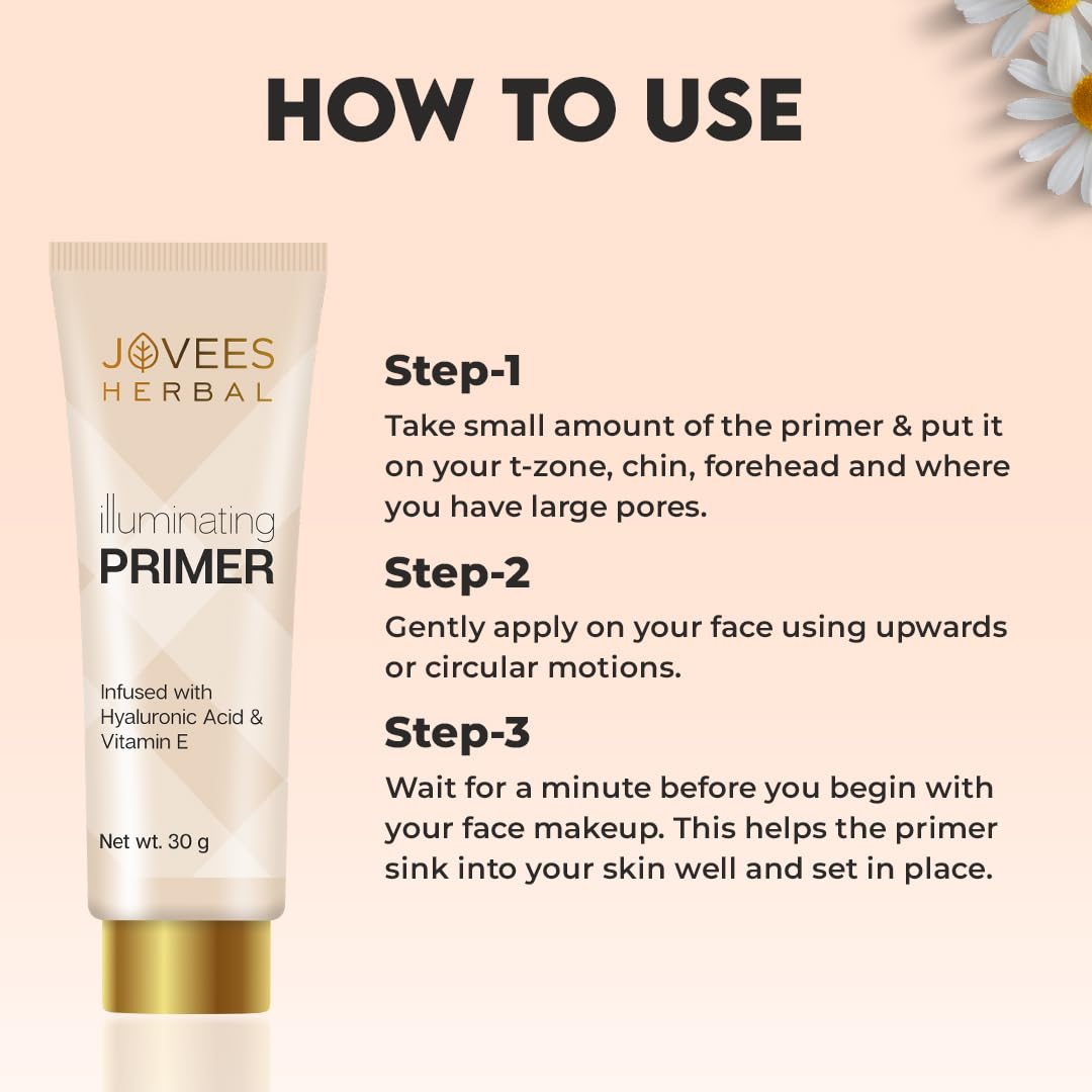 Jovees Herbal Illuminating Primer Infused with Hyaluronic Acid & Vitamin E | Hydrating & Smooth Natural Finish | Light Weight Formula | Natural Tint, 30gm