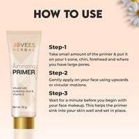 Jovees Herbal Illuminating Primer Infused with Hyaluronic Acid & Vitamin E | Hydrating & Smooth Natural Finish | Light Weight Formula | Natural Tint, 30gm