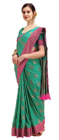 NK Textiles Women's  Elephant Motifs Woven Kanjivaram Ghicha Tussar Silk Saree with Fancy Tassels