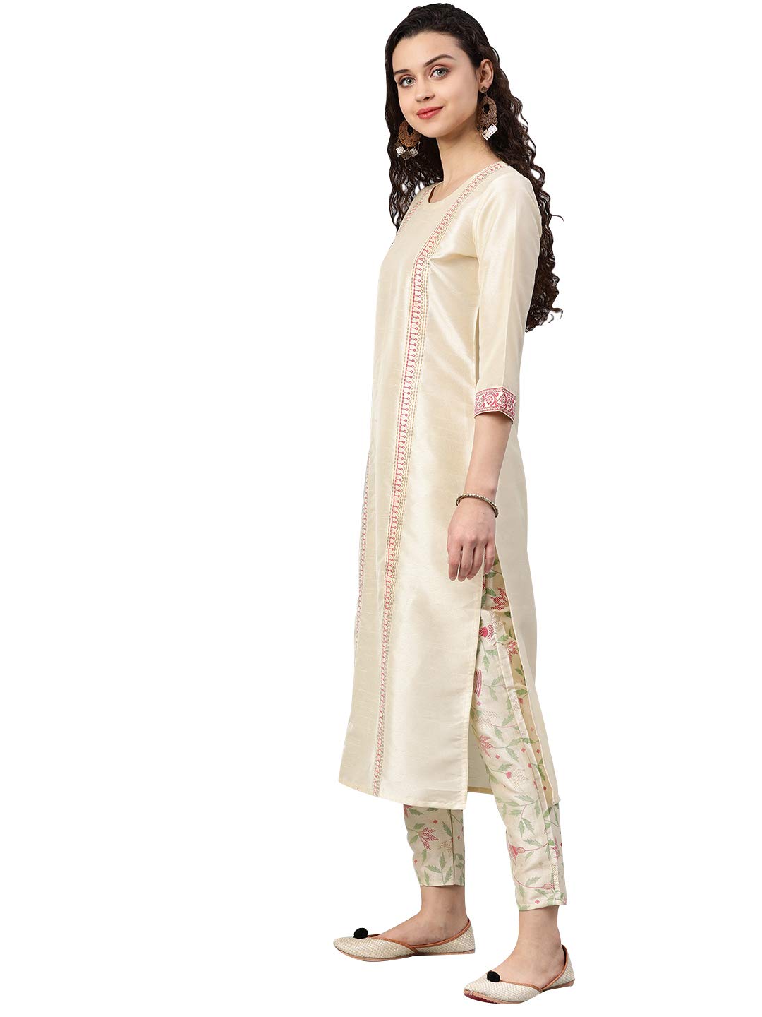 ZIYAA Women's  Off-White Poly Silk Straight Kurta and Pant Set (ZIKUPS2887ANDPA-3XL_Off-White_3XL)