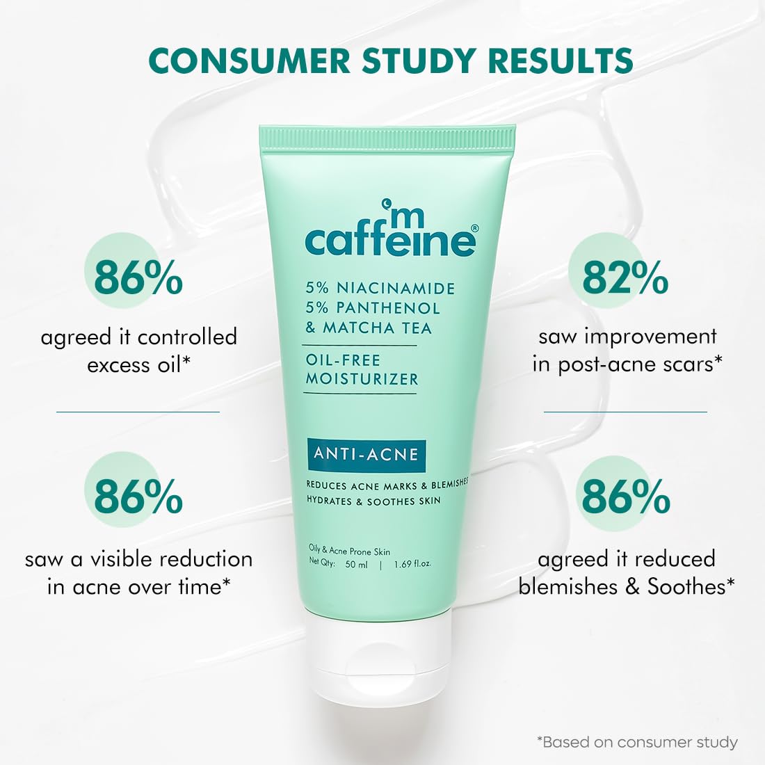 mCaffeine 10% Niacinamide & Panthenol, Vitamin B5 Oil-Free Moisturizer for Acne with Matcha Tea| Lightweight Hydration & Soothes Skin | Non-greasy, Fragrance-Free | For Oily, Acne Prone Skin - 50ml