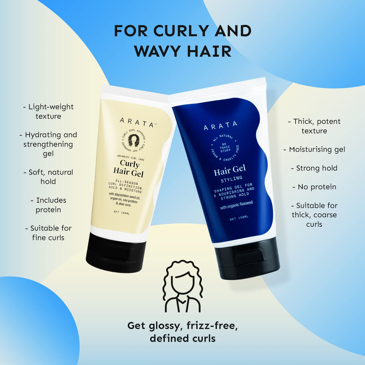 Arata Advanced Curl Care Curly Hair Gel (150 ML) and Styling Hair Gel (150 ML) | Defines Curl Pattern | Strong and Soft Hold | Enhances Texture, Volume and Shine