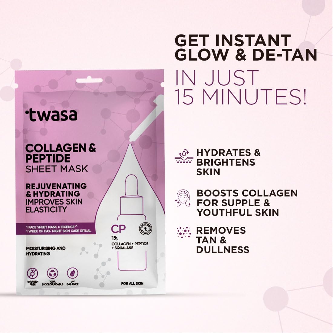 Twasa Collagen & Peptide Serum Face Sheet Mask | Face Mask for Glass Skin | Collagen Mask for Hydrating Overnight Mask, Pore Minimizing (20ml) - Pack of 1