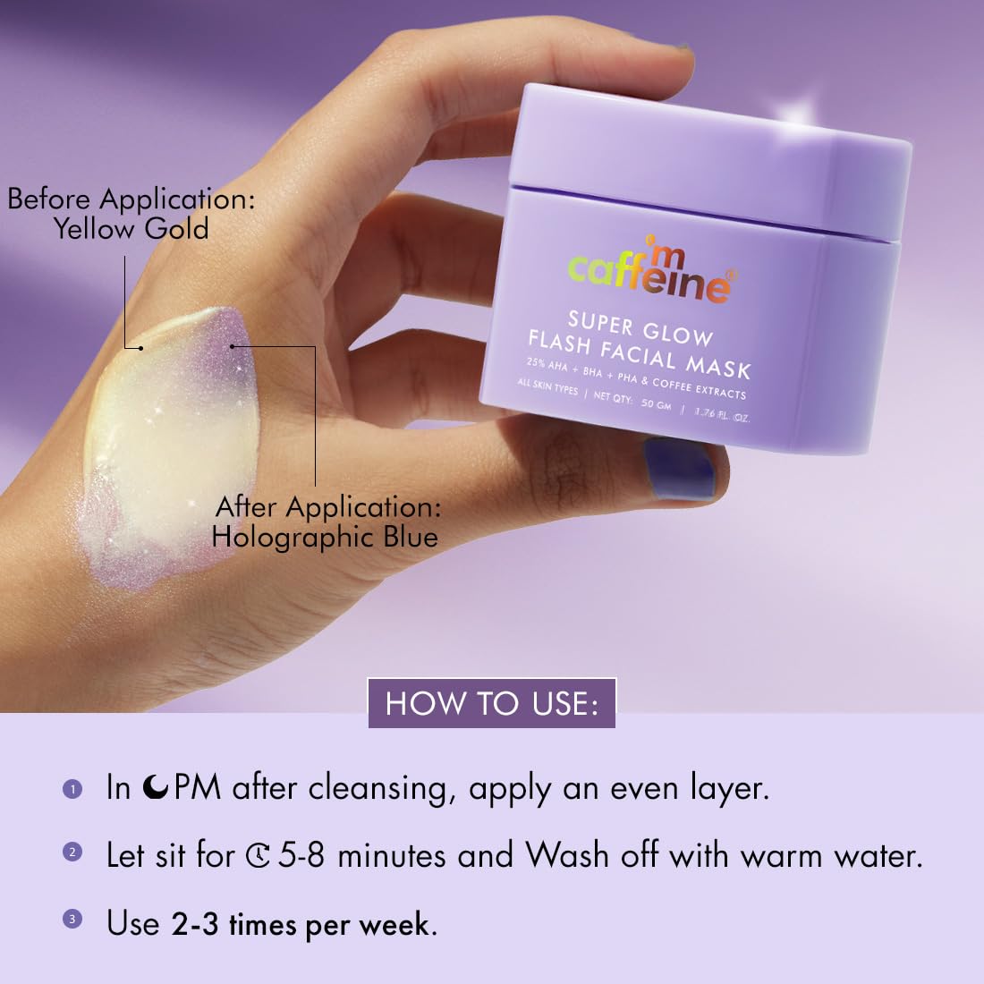 mCaffeine Super Glow Flash Facial 25% AHA+BHA+PHA Face Mask | 5 Mins Glow Face Pack | Instant Brightening | Unclogs Pores, Removes Blackhead & Dead Skin | Tan Removal | Color Changing Mask - 50gm