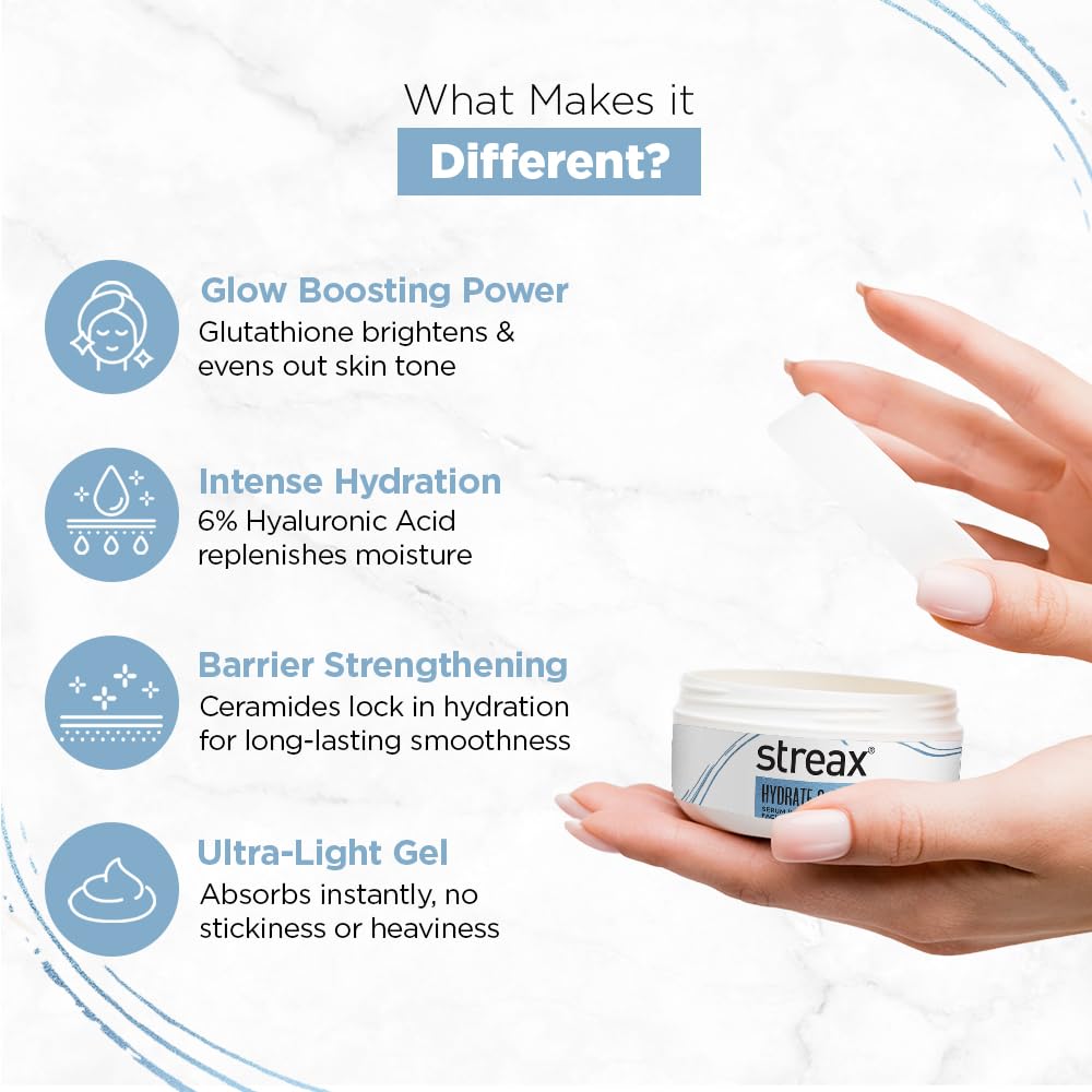 Streax Hydrate & Shine Serum Infused Face Cream Gel, 50 gm with 6% Glutathione & Hyaluronic Acid Complex