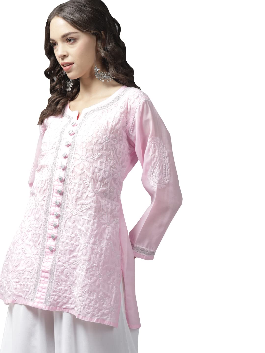 Ada Women's  Hand Embroidered Lucknowi Chikankari Cotton Straight Short Top Kurti A178625