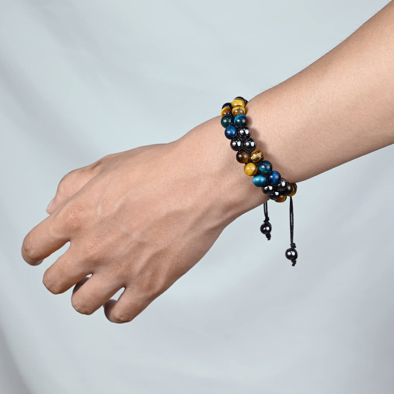 Triple Protection Bracelet Natural Blue Yellow Tigers Eye Hematite 8mm Beads Crystal Bracelet Healing Bracelets for Men Women Bring Prosperity Luck and Health 8MM Blue Triple Protection (Double layer)