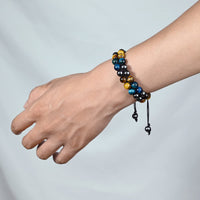 Triple Protection Bracelet Natural Blue Yellow Tigers Eye Hematite 8mm Beads Crystal Bracelet Healing Bracelets for Men Women Bring Prosperity Luck and Health 8MM Blue Triple Protection (Double layer)