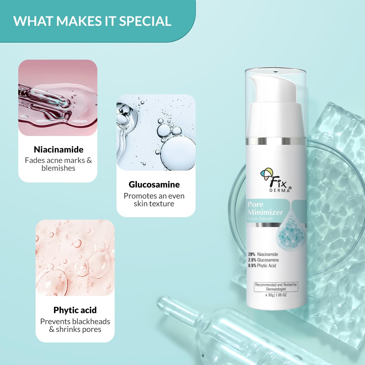 Fixderma 20% Niacinamide Serum for Face for Pore Minimizer with 2.5% Glucosamine & Hyaluronic Acid Serum | Open Pores Serum | Hydrating Serum | Face Serum for Men & Women - 30g