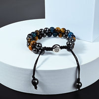 Triple Protection Bracelet Natural Blue Yellow Tigers Eye Hematite 8mm Beads Crystal Bracelet Healing Bracelets for Men Women Bring Prosperity Luck and Health 8MM Blue Triple Protection (Double layer)