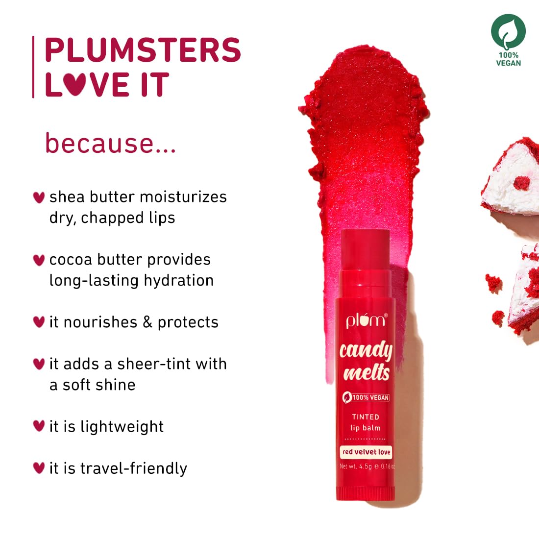 Plum Candy Melts Red Velvet Love Tinted Lip Balm | Moisturizes & Nourishes | Hydrates Dry & Chapped Lips | 100% Vegan | 4.5g