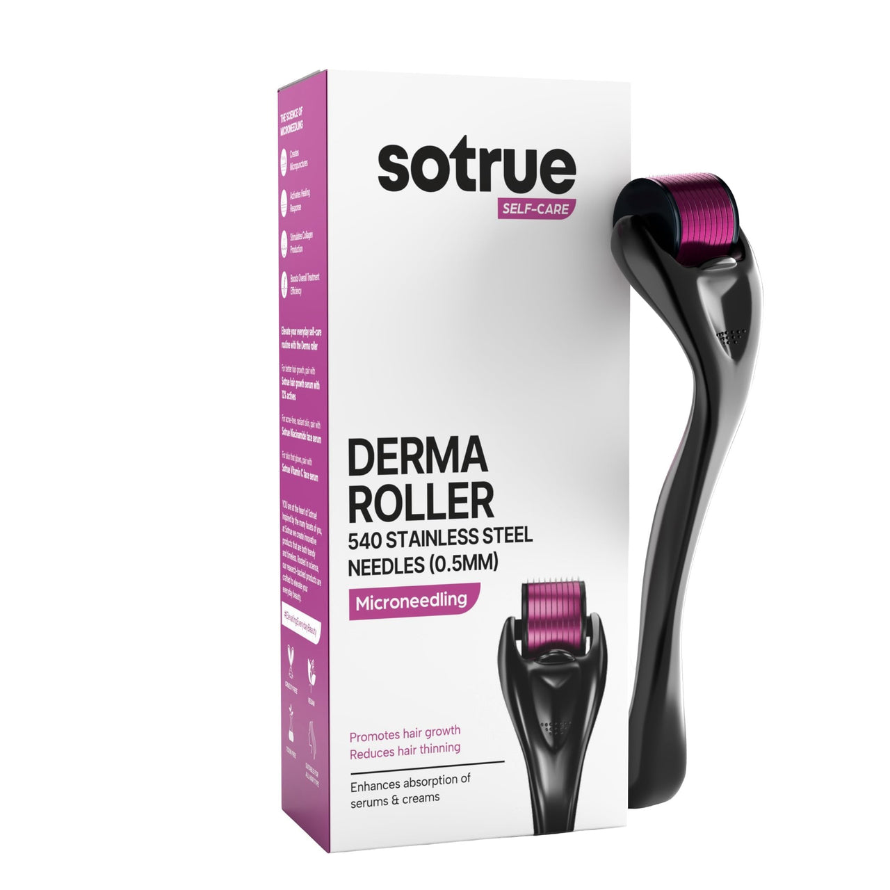 Sotrue Derma Roller 0.5mm with Sanitizer | 540 Stainless Steel Needles | Derma Roller for Hair Growth & Thickening, Repair Damages and Activates Hair Follicles, Reduces Acne Scars (Black)