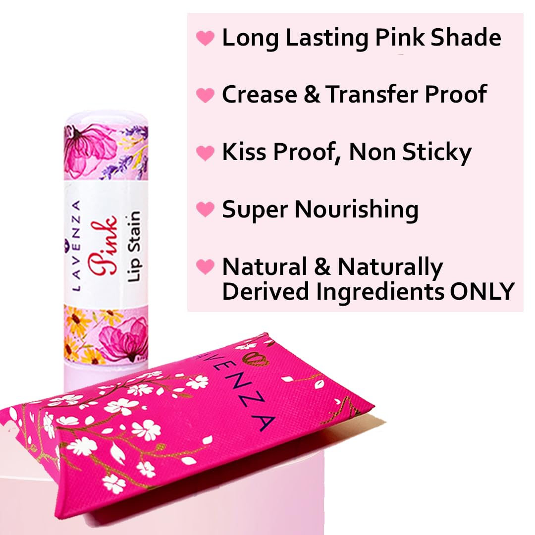 Lavenza Natural Pink Lipstain & Lip Balm (2in1) | Plant Butters, Oils & floral extracts| pH Based Water-proof Long Lasting PINK shade, Gentle & Nourishing| FREE FROM Synthetic Base & Cheap Fillers | Safe for Kids, Teens | 5gm