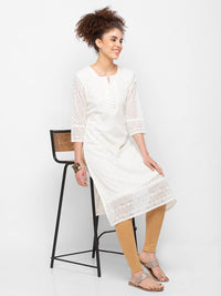 ZOLA Exclusive Georgette Round Neck with Full Sleeves and Calf Length Luckhnowi Chikan Kari Kurta with Button Placket on Yolk Ethnic Wear Straight Kurta for Women Pack of 1