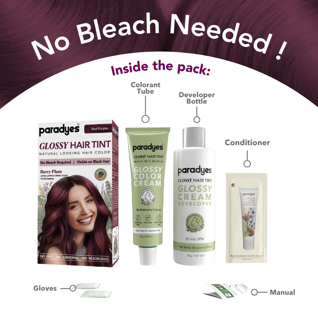 Paradyes No Bleach Mini Berry Plum Glossy Hair Tint, Ammonia-Free Formula for Natural Black Hair, Visible on Natural Black Hair