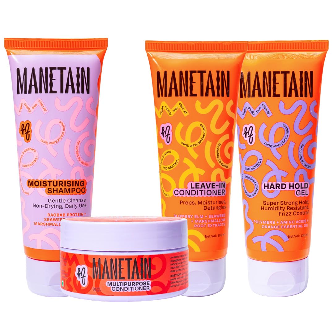 MANETAIN Washday Bundle Mini Size 2 - Complete Curly Hair Care Set | Moisturizing Shampoo 100ml | Multipurpose Conditioner 100gm | Leave-In Conditioner 100ml and Hard Hold Gel 100ml | Hydrating, Strengthening & Frizz Control | CG-Friendly