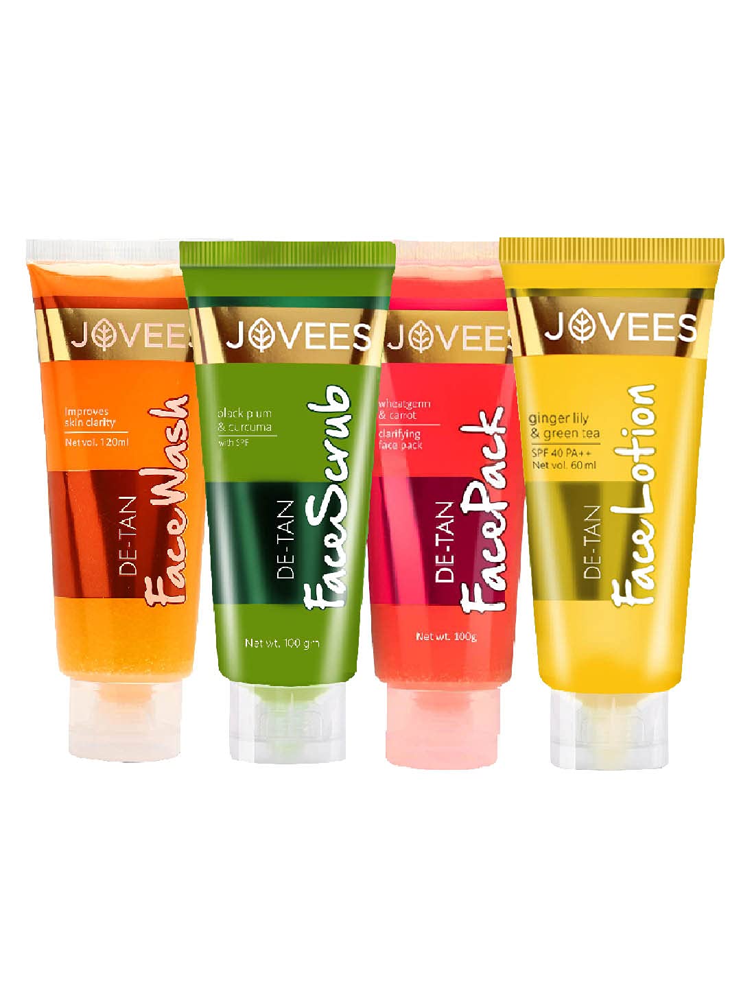 Jovees Herbal Face Care Combo | De-Tan Facewash 120ml, Scrub 100ml, Pack 100g, Lotion 60ml | Tan Removal