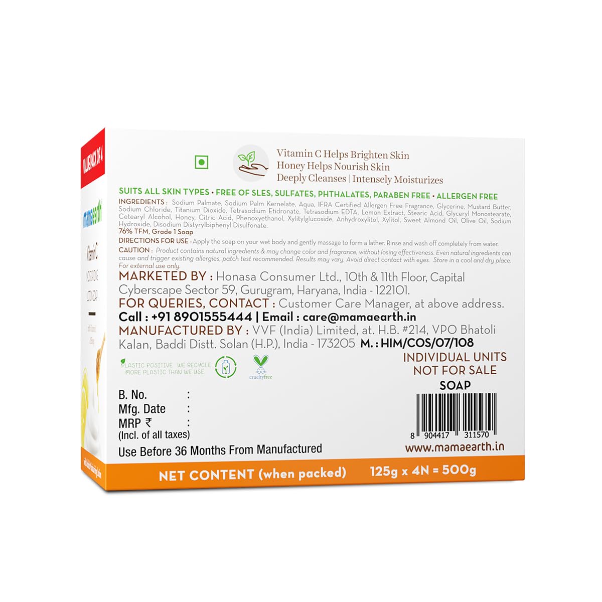 Mamaearth Vitamin C Moisturizing Lotion Soap(Value Pack of 4) - 125 g X 4 Units | Deeply Cleanses | Moisturizing Bathing Bar | Brightens Skin | Nourishes Dry Skin | Non-Drying | 76% TFM Grade 1 Soap