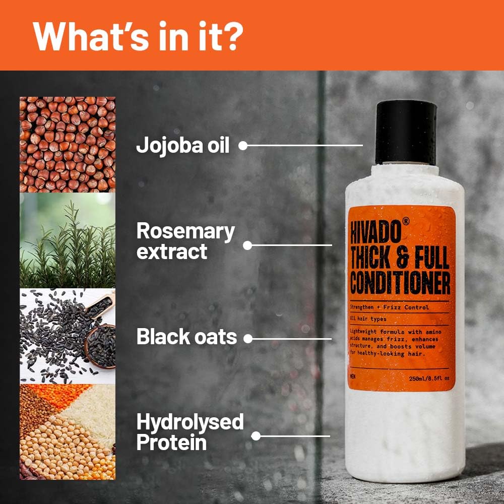 Hivado Thick and Full Conditioner for Men| Lightweight Volumizing, Black oats, Rosemary, Jojoba oil & hydrolysed silk protein, For Healthier looking hair, Sulfate Parabens Free (for men) 250 ml