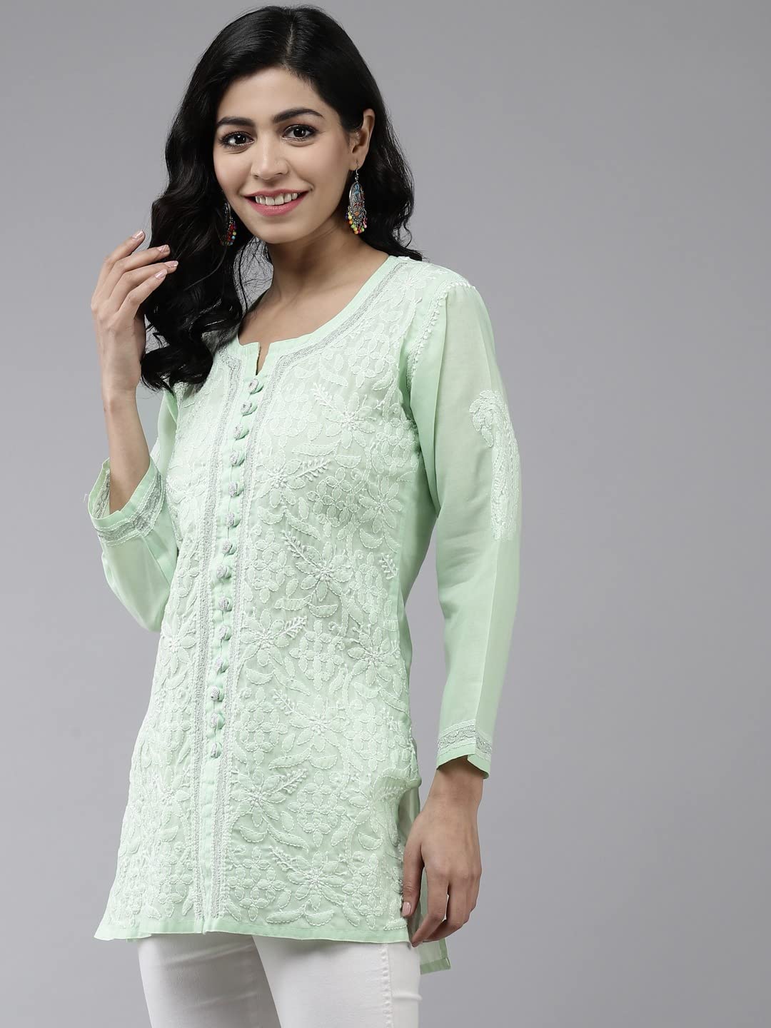 Ada Women's  Hand Embroidered Lucknowi Chikankari Cotton Straight Short Top Kurti A178625