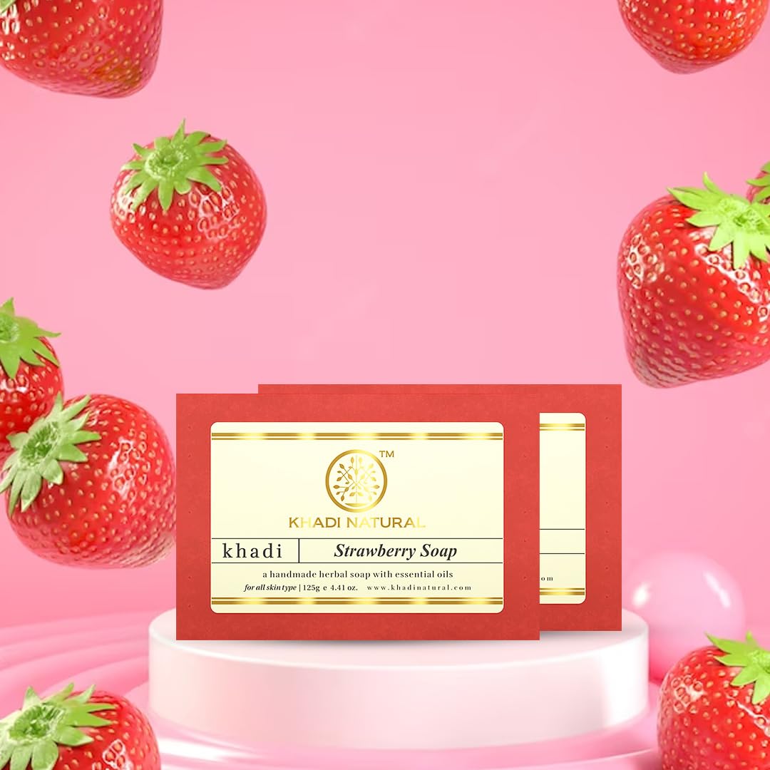 Khadi Natural Strawberry Handmade Soap| Enriched with Strawberry Extracts| Soft & Nourished Skin| Gentle & Refreshing| Enhances Skin’s Texture| Chemical-Free Cleansing| Pack of 2(125 * 2, 250g)