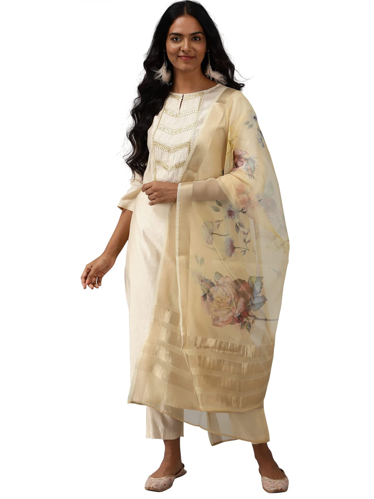 INDO ERA Women's  Cream Solid Viscose Straight Kurta Trouser With Dupatta Set