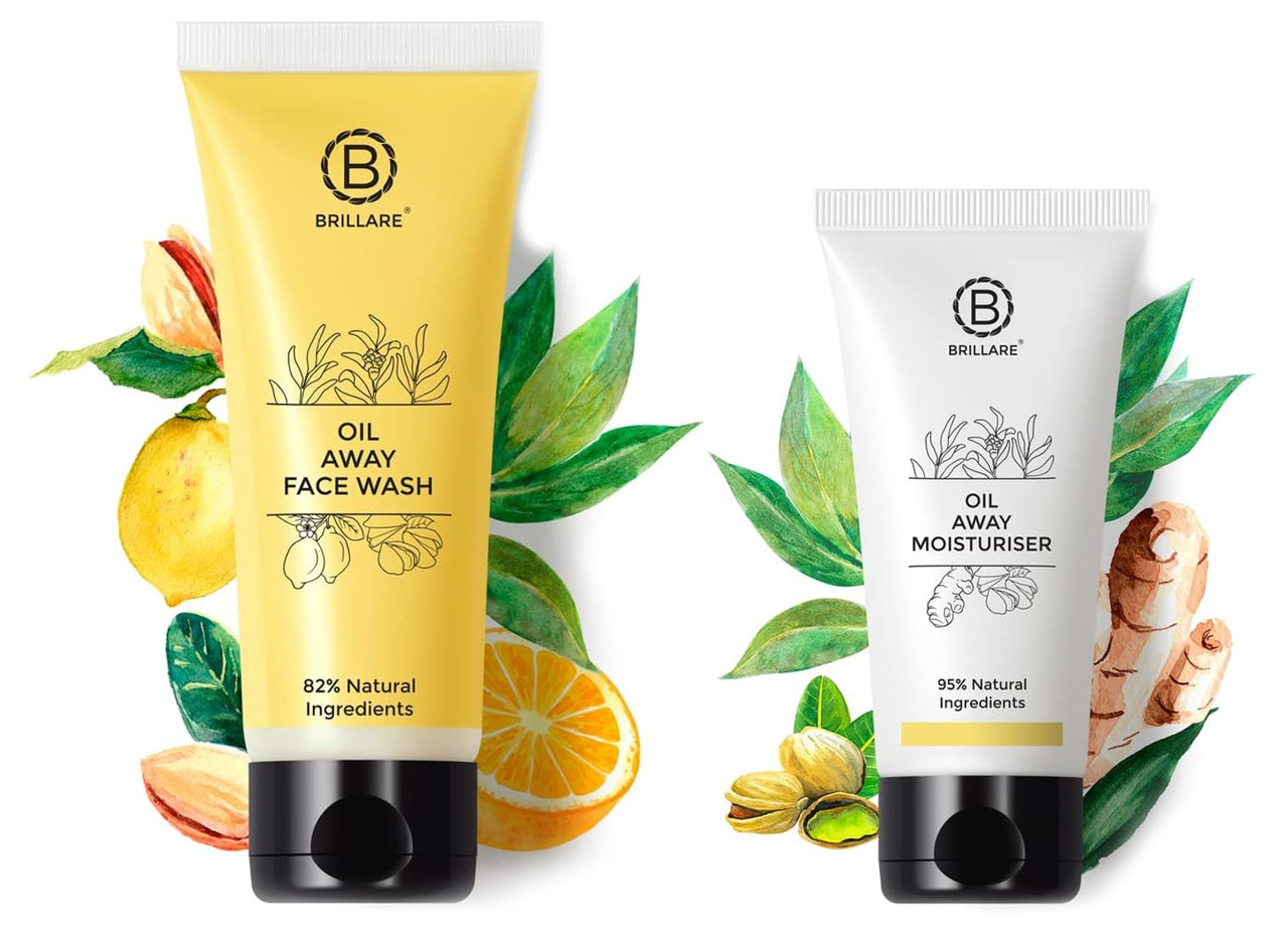 Brillare Professional Oil Away Natural Moisturiser With Tea Tree and Turmeric, For Oily Acne Prone Skin, (50 ML) & Away Natural Face Wash With Tea Tree and Turmeric (100 ML) Combo