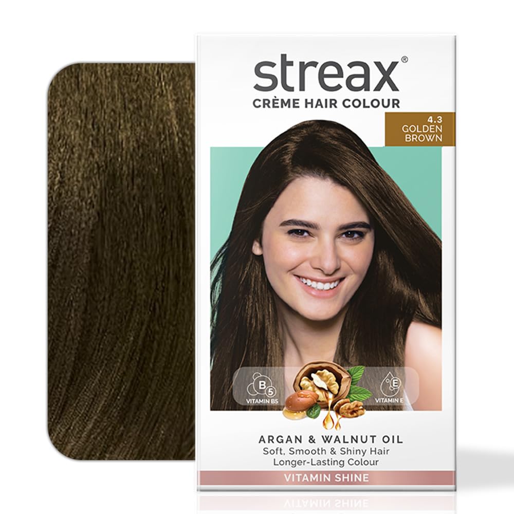 Streax Permanent Hair Colour, 100% Grey coverage, Infused with Argan and Walnut Oil, Long Lasting Cream Hair Colour for Women, Brown Hair Colour, 4.3 Golden Brown, 120 ml, Pack of 1