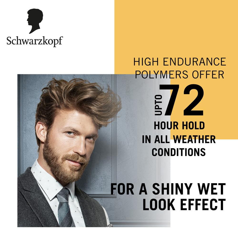 Schwarzkopf TAFT Wet Hair Styling Gel For 24 Hours Shiny Wet Look Effect Hold 3 With Moisturising Formula, Non-Sticky And Easy to Wash Off, No Alcohol, No Sulphate, Vegan And Peta Approved - 150ML