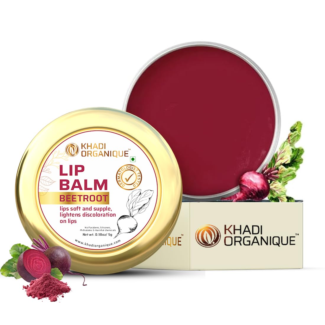 Khadi Organique Herbal Beetroot Lip Balm for Dry, Damaged & Chapped Lips | Hydrating & Nourishing Lip Balm Enriched with Cocoa Butter, Shea Butter & Essential Oils for Pink, Glossy & Soft Lips - 5gm