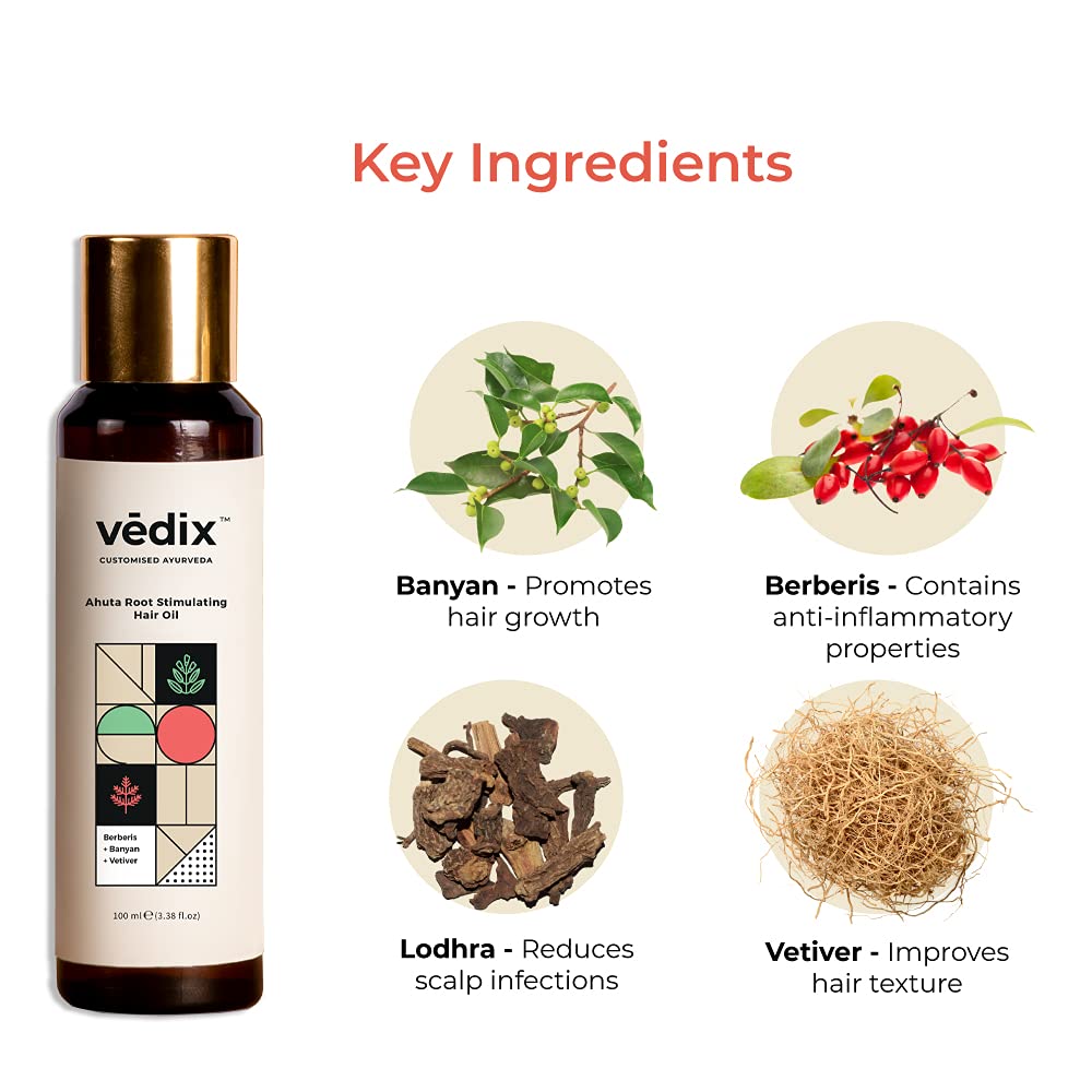 Vedix Ahuta Root Stimulating Ayurvedic Hair Oil | Hair Growth Oil With Berberis + Banyan + Vetiver - Customized Anti Hair Fall Control Oil - 100ml