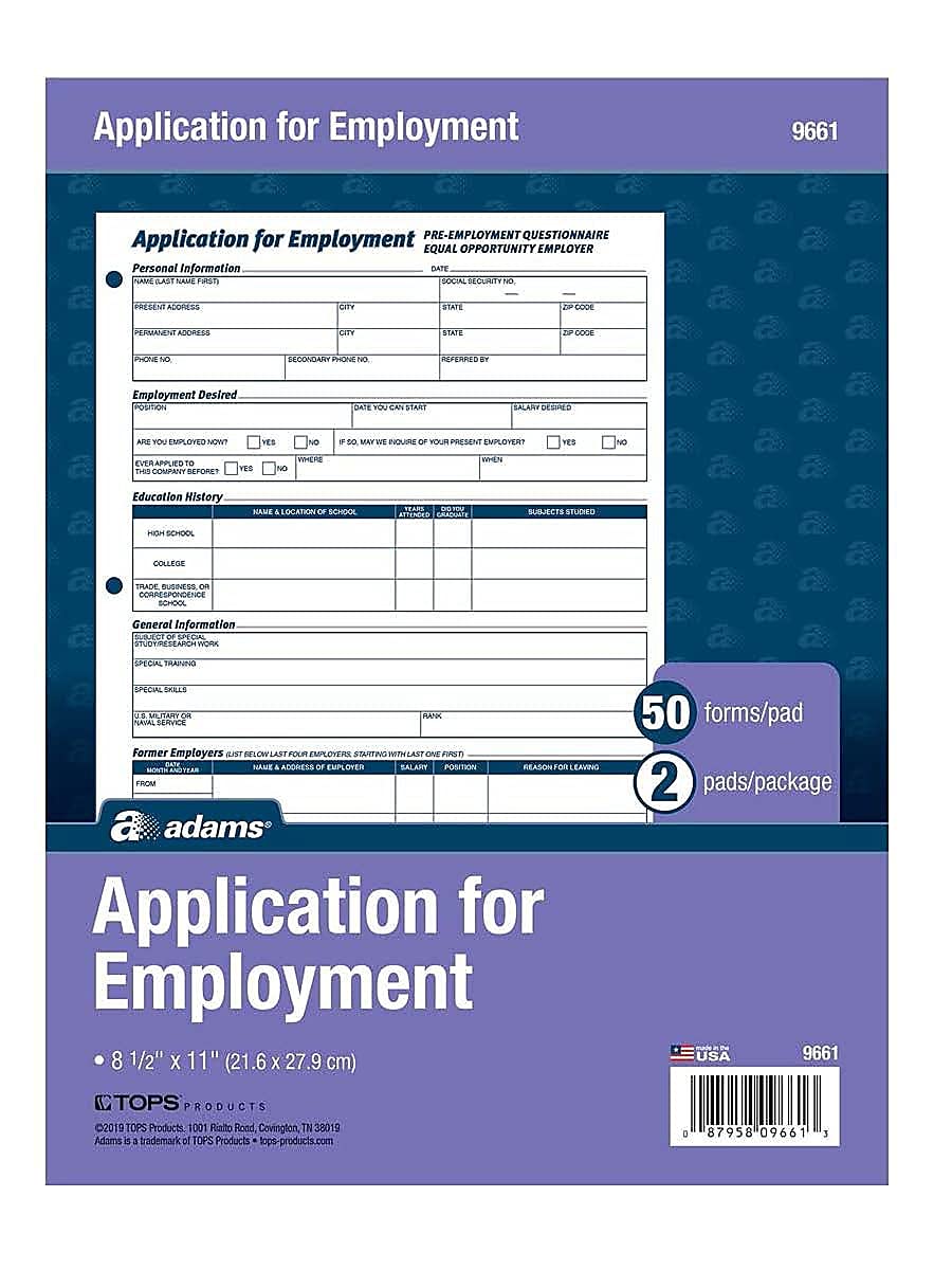 Adams Applications for Employment, 8.5 x 11 Inch, 3-Hole Punched, 50-Sheets/Pack, 2-Pack, White (9661)